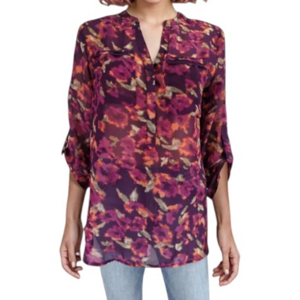Apt.9 purple floral V-neck tunic semi-sheer blouse size M